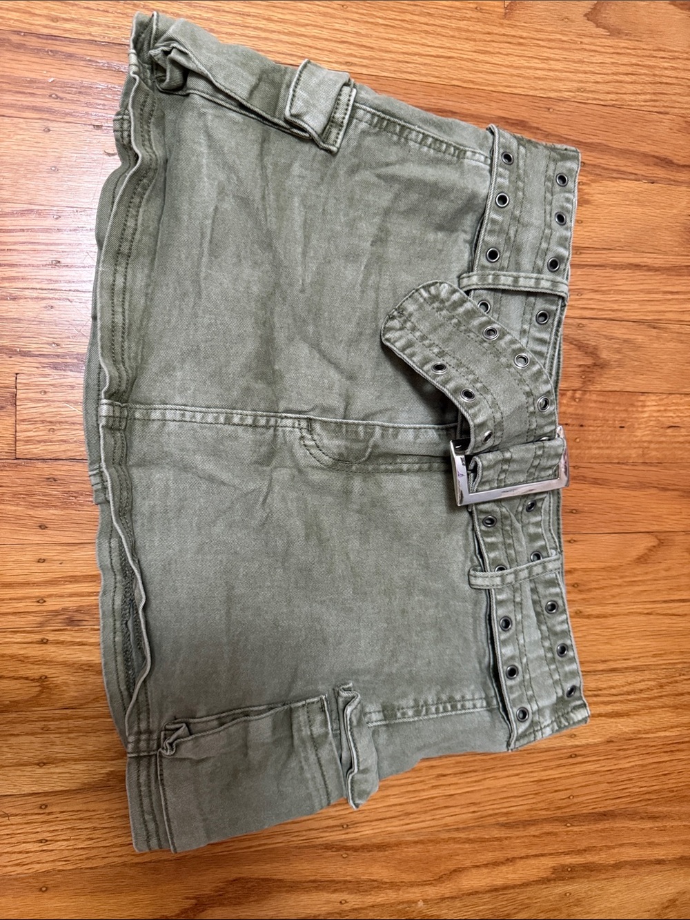 Olive Green Utility Mini Skirt with Eyelet Belt